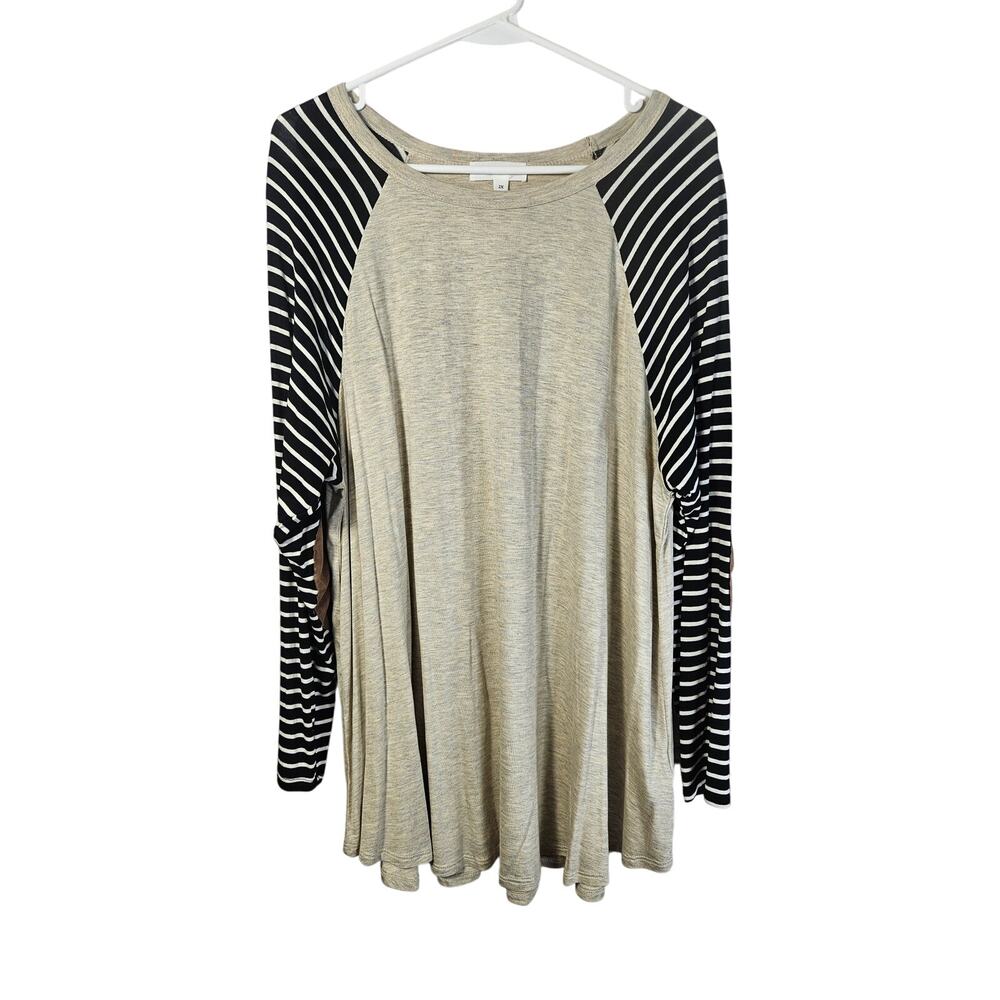 Hailey & Co Womens Long Sleeve TShirt Oatmeal Black White Stripe 2X Made‎ n USA